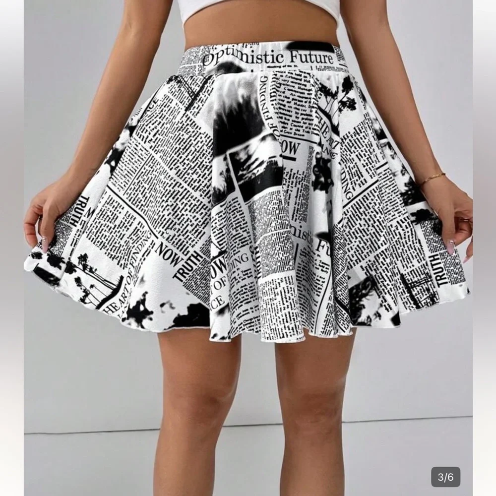 XL SHEIN Newspaper Print Black & White Skater Skirt built in shorts